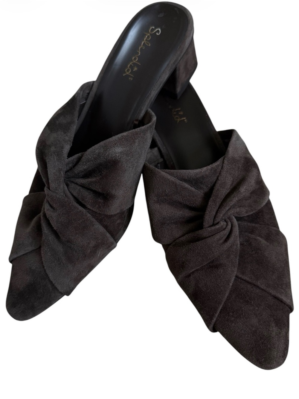 New Splendid Lanis Brown Suede Twisted front low block heel Mule 7.5